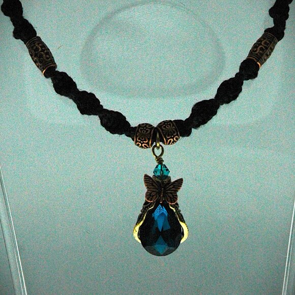 Teardrop Blue Topaz Colored Butterfly on a 22 1/4" Handmade Black Hemp Chain - Picture 4 of 7
